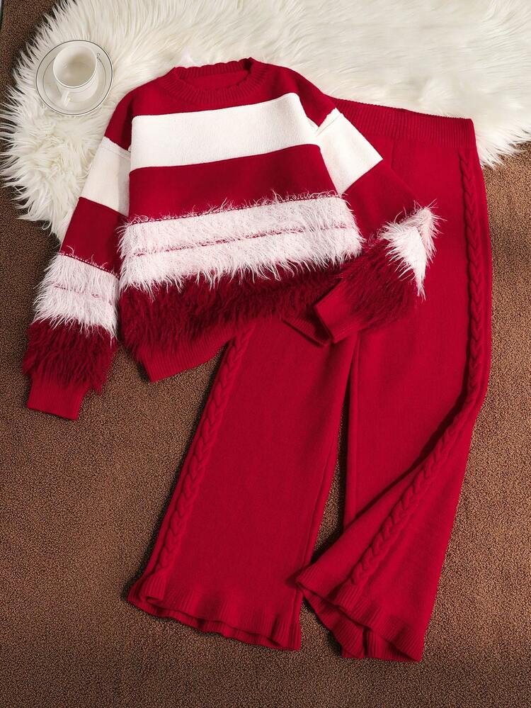 Elladie kids 2 件套女童红色圣诞条纹针织毛衣上衣和荷叶边下摆针织裤套装，休闲温暖舒适的冬季服装 - 紅色 - 查看 1