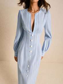 Poéselle 女式休闲通勤条纹腰中长连衣裙 - 藍色 - 查看 3