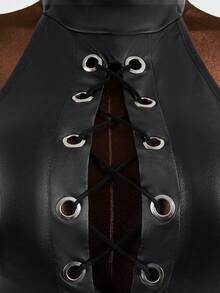 Mistrie Set de două piese pentru femei, culoare solidă, fără mâneci, cu guler înalt, sexy, punk, top scurt, decupat, fustă mini, cu nituri cu ochiuri și design cu șireturi, piele PU cu căptușeală termică subțire, și cool pentru streetwear, ținută de petrecere de Halloween, femei de toamnă, femei de iarnă.