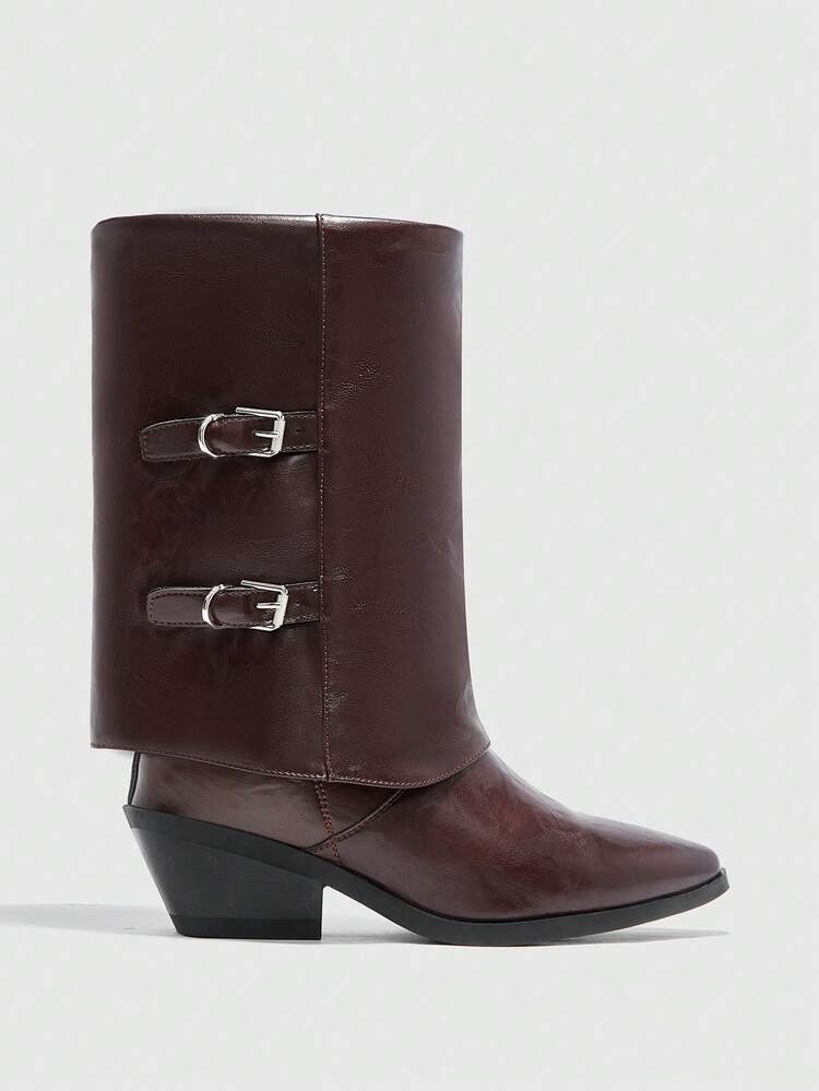 CUCCOO BIZCHIC Women's Pointed Toe Chunky Heel Burgundy Vintage Pleated Mid-Calf Boots, New Soft Thick Sole Riding Boots, Boots, Pants Tube Boots, Versatile & Comfortable