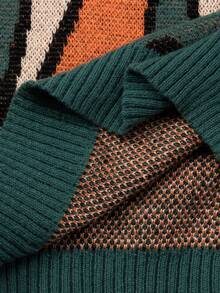 Manfinity EMRG 男士休闲宽松开衫毛衣，抽象提花撞色图案，街头风，长袖，秋冬男士针织开衫，男士街头服饰，男士针织开衫，针织衫 - 彩色 - 查看 5