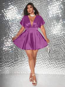 Viva Relle Plus Size Sexig Romantisk Enfärgad Miniklänning - Mauve Lila - Visa 4