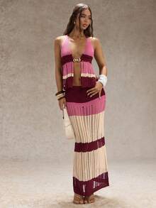 SHEIN Glamour Pink Stripe,Autumn,Boho,Vacation,Holiday Ladies' Elegant Knit Sleeveless Top & Long Hem Skirt Two Pieces Set,Fashion Crochet Party Outfit - Multicolor - View 7