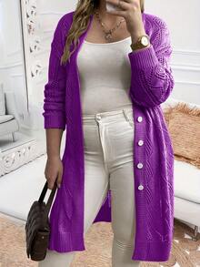 EMERY ROSE Damen Mode Strickjacke in Große Größen mit Einzelreihe, lässiger strukturierter Strickpullover in Knielänge - Rot-violett - Übersicht 6