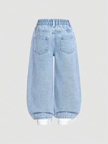 SHEIN ChillGRL Fashionable Young Girls Light Wash Denim Jeans With Playful Rabbit Heart And Letter Prints Straight Leg Long Pants Kids Fashion