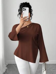 Elenzga Plus Size Women Oblique Collar Open Slit Back Tie Shirt - Brown - View 4