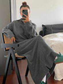 DAZY 女士宽松休闲灰色Polo领针织连衣裙，秋冬毛衣裙