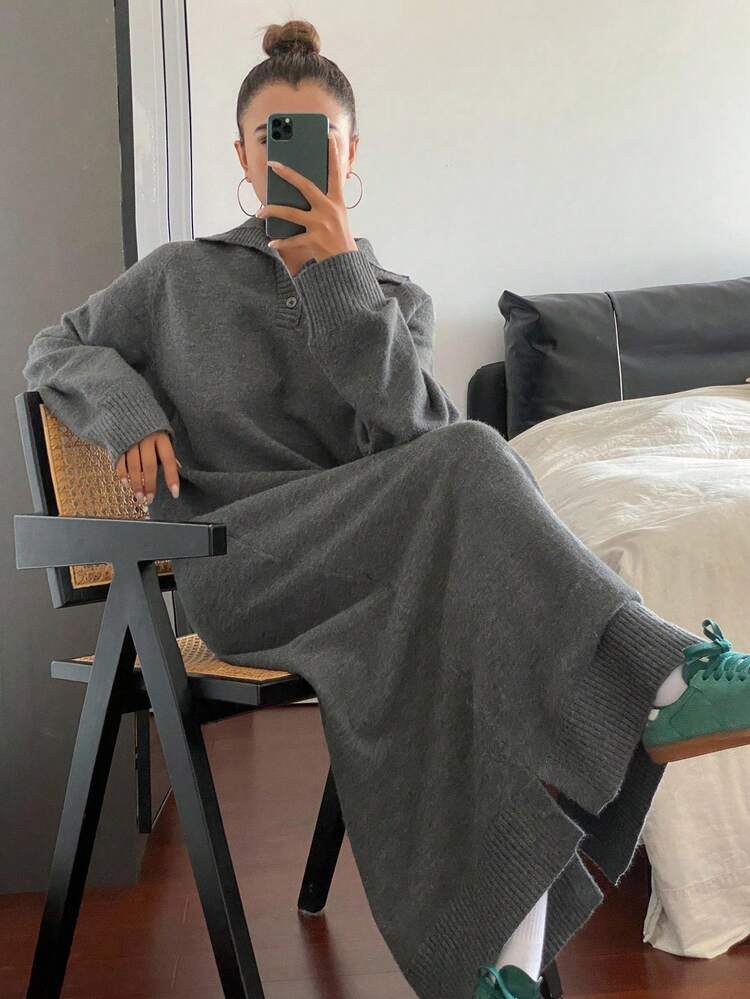 Women's Loose Casual Gray Polo Collar Knitted Dress, Autumn/Winter Sweater Dress