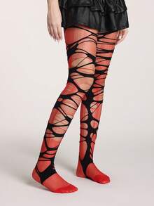 ROMWE Grunge Punk 1 Pair Of Minimalist Red Stockings (The Stockings Need To Be Manually Torn By Yourself) + 1 Pair Of Ripped Black Pantyhose, Y2K Pantyhose Stacking Combination Set, Daily Versatile Semi-Transparent Sexy Elastic Pantyhose - Multicolor - View 5