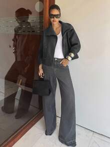 Siren Gaze 女式纯色简约高领长袖大衣，深灰色 - 深灰色 - 查看 4