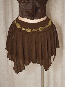 SHEIN ICON 大码女式波西米亚风格棕色纹理针织不对称迷你裙 - 棕色 - 查看 10