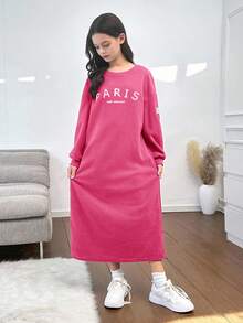 SHEIN 青少年女孩休閒保暖內裡寬鬆衛衣連身裙，粉色與白色，秋冬，學校，返校季 - 玫紅色 - 查看 7