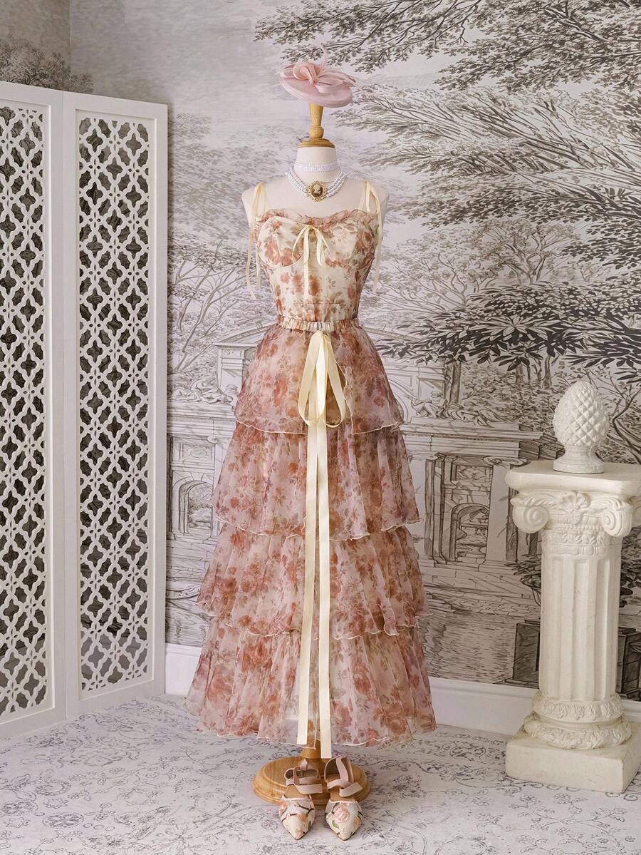 SHEIN MOD 复古两件套复古碎花连衣裙，节日、海滩、日常、波西米亚风、Y2K、西部风、女士早午餐、夏威夷女士、女士派对连衣裙、生日、婚礼宾客连衣裙、女士婚礼宾客连衣裙、碎花欧根纱连衣裙、欧根纱裙、花园派对连衣裙、夏季裙子、布里奇顿茶会连衣裙 - 彩色 - 查看 1