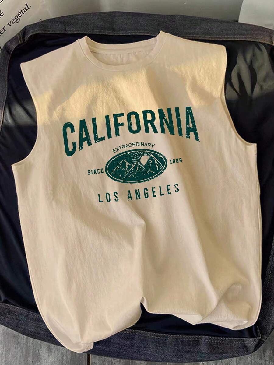 Manfinity Joysei 卡其色休闲字母图案无袖背心，男士，夏季