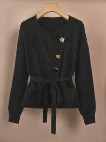 GlowEve Black Crew Neck Drawstring Waist Knit Cardigan For Women, Elegant Relaxed Fit Loose Sweater Top With Metal Button Decor, Suitable For Autumn/Winter