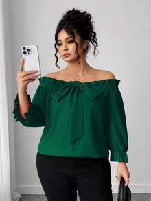 Elenzga Áo cánh trễ vai tay lửng thời trang đơn giản cỡ lớn dành cho nữ, đa năng khi đi làm hàng ngày, thanh lịch và thời trang - Màu xanh lá cây đậm - Xem 3