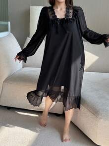 Dazy Plus 大码女士优雅宽松长款雪纺蕾丝边睡裙，冬季，宽松睡衣 - 黑色 - 查看 5