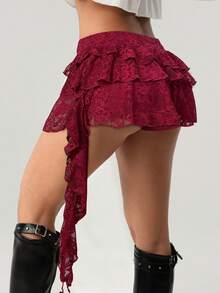 SHEIN ICON Low Waist Vacation Style Casual Sexy White Lace Ruffle Hem Mini Skirt With Safety Shorts To Prevent Upskirt - Burgundy - View 6