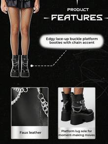 ROMWE Grunge Punk 女式深色朋克风格厚底粗跟短靴，哥特式金属链装饰坡跟踝靴，舒适战斗靴，万圣节 - 黑色 - 查看 7