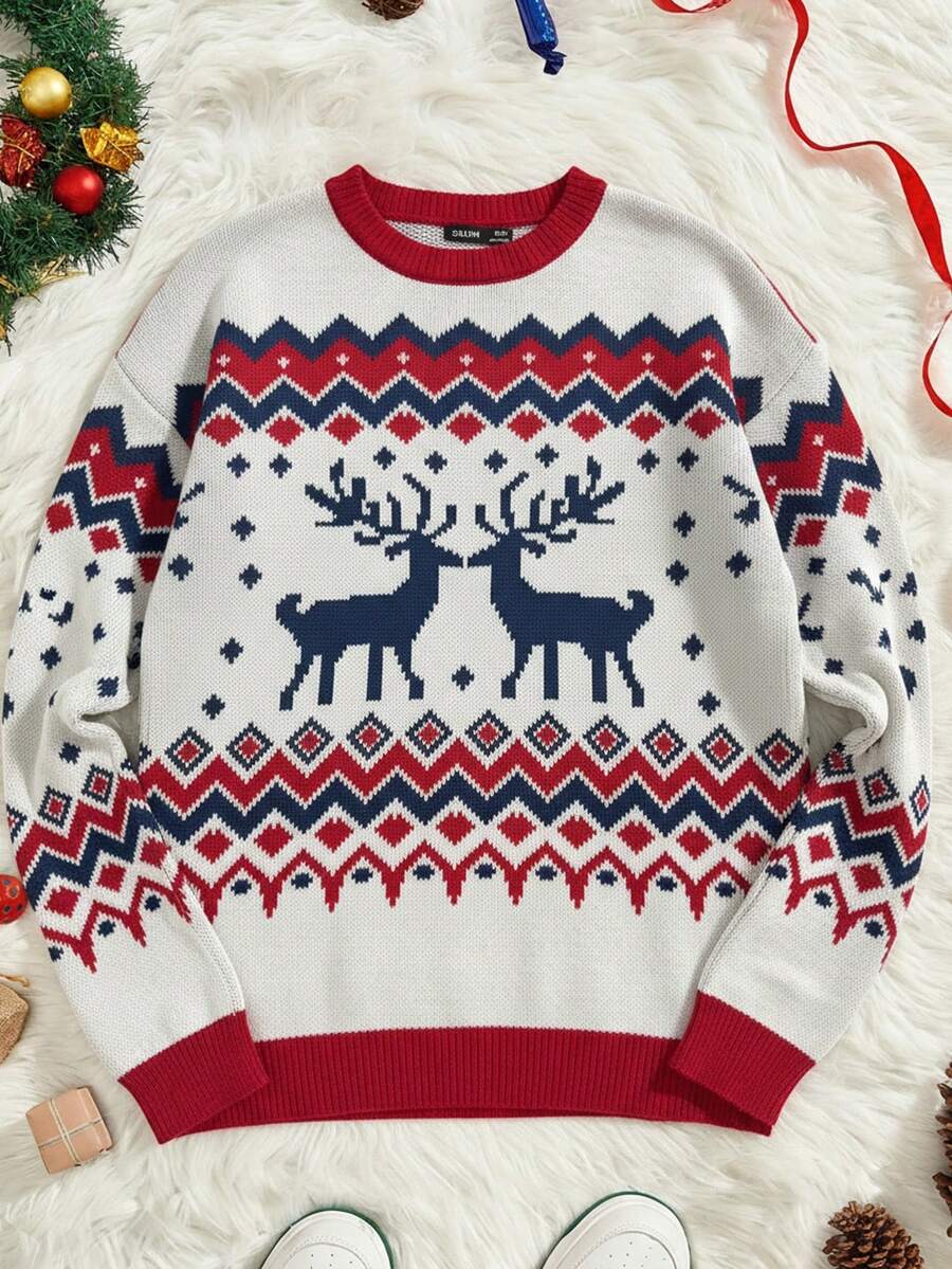 Manfinity NXTstreet 男士圣诞主题套头毛衣，秋冬时尚针织衫 - 彩色 - 查看 1