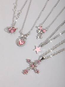 ROMWE Goth 5件套哥特复古风项链套装，包含十字架、太阳、月亮、飞蛾和骷髅吊坠，万圣节 - 粉色 - 查看 1