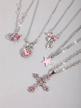 5pcs/Set Gothic Vintage Style Necklace Set Including Cross, Sun, Moon, Moth & Skull Pendant, Halloween