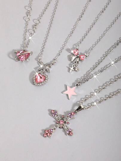 5pcs/Set Gothic Vintage Style Necklace Set Including Cross, Sun, Moon, Moth & Skull Pendant, Halloween