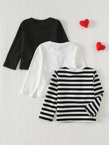 Cozy Pixies 3件套女婴心形图案针织柔软圆领长袖套头衫套装 - 黑與白 - 查看 2