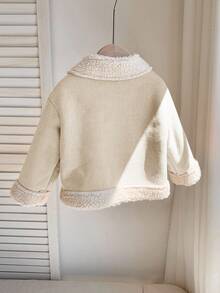 SHEIN Unisex Baby Khaki Patchwork Fluffy Thickened Suit Collar Jacket, Suitable For Baby Boys And Girls In Autumn/Winter - Apricot - View 2