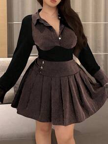 Vibekara 大码女式罗纹撞色针织上衣和松紧腰百褶中长裙两件套 - 彩色 - 查看 4