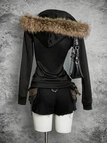 StreetHx 女士黑色保暖内衬束腰毛领夹克，Y2K 叛逆风，朋克摇滚风，修身舒适，适合万圣节，2000 年代街头服饰，长袖连帽修身款