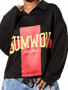 SUMWON WOMEN Oversized Rugby Polo Long Sleeve Graphic Tee With Red Block Print And Yellow Text Logo - Black - View 4