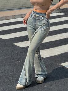 Rivivi Jeans évasés décontractés à taille haute avec boucle à œillet pour femmes - Bleu azur - Voir 4