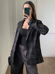 DAZY 复古格纹宽松长袖翻领休闲优雅女士西装外套，秋冬商务装 - 棕色 - 查看 3
