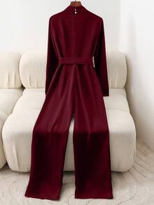 GlowEve Women's Elegant Wrap-Around Long Sleeve Jumpsuit With Waist Cinching - Burgundy - View 2
