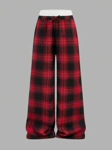 SHEIN Tween Girls' Loose Casual Contrast Trim Simple Comfortable Mid-Rise Wide Leg Pants, Christmas Red Plaid - Red - View 2
