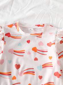 2pcs/Set Toddler Girls' Long Sleeve Top And Pants Set With Heart Pattern, Ruffle Hem, Casual, Comfortable, Cute, With Headband, Home Wear, Spring/Autumn - Apricot - View 7