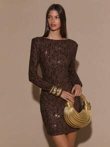SHEIN BAE Autumn/Winter Women's Cocktail Party Nightclub Outfit Brown Round Neck Long Sleeve Backless Tie-Up Sequin Embellished Glamorous Mini Dress, Suitable For Cocktail Parties, Romantic Dates, Autumn/Winter Layering, Gatherings, Parties, Sequin Dress,Brown Dress,Dresses For Women Elegant,Valentine's Day,Valentine Outfits For Women - Brown - View 4