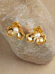 Opalesca Women Stud Earrings,Outfits,Old Money,Wedding/Bridal Accessories,Fairycore/Fairy,Pearl,Metallic/Texture,Fall/Autumn/Winter,Elegant,For Mom/Women/Girl/Mother,Premium,Vintage,Layered - Gold - View 3