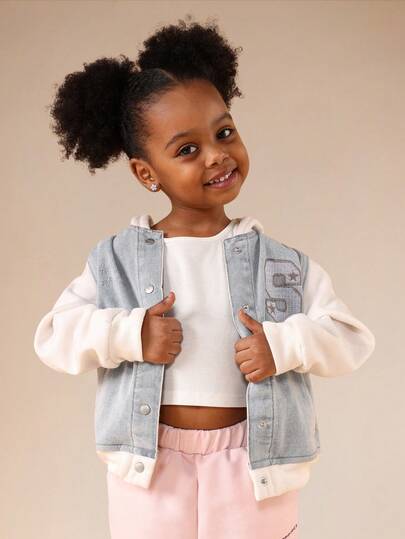  SUMWON Denim And Jersey Mix Hoodie With Embroidered Logo Detail For Kids Casual Fall Winter Layering Vacation