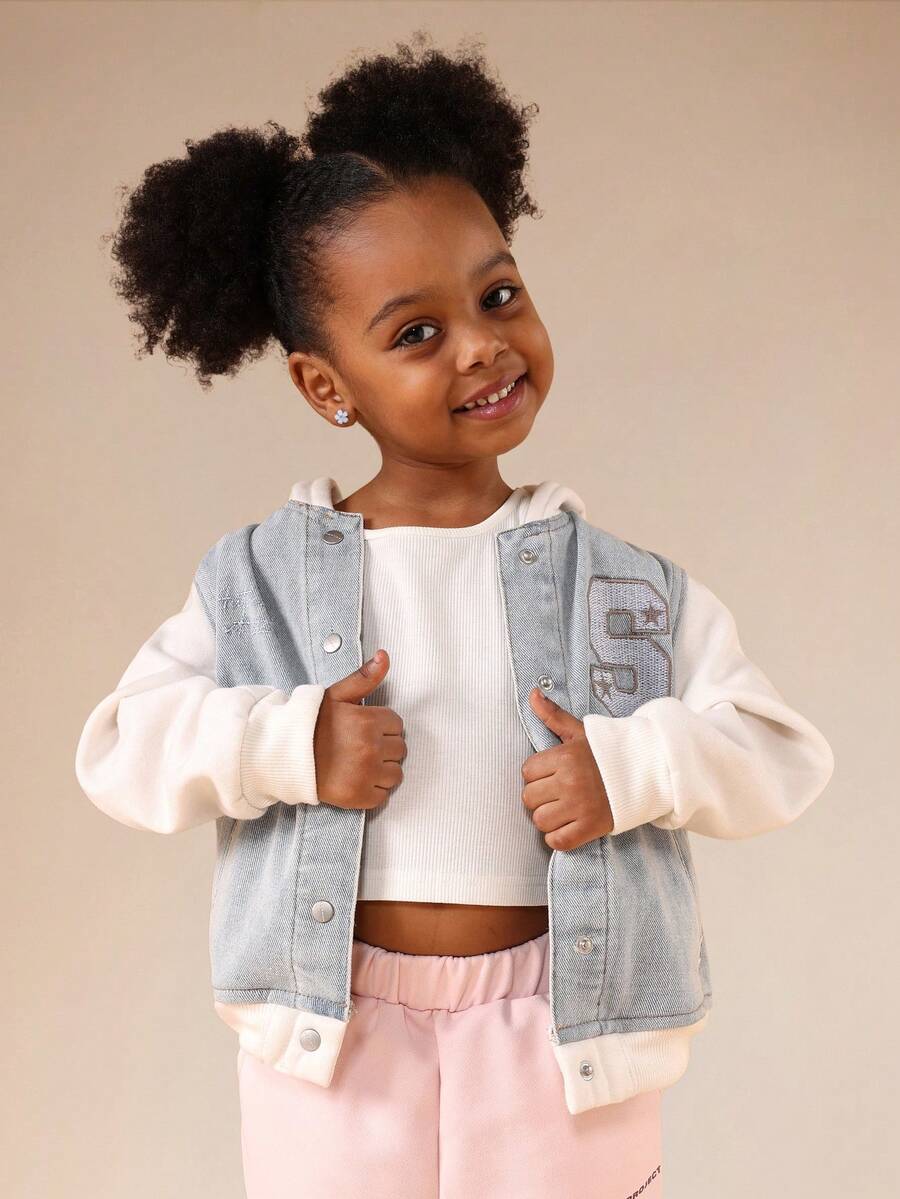 SUMWON 儿童牛仔布和针织混纺连帽衫，带刺绣标志细节，适合秋冬季休闲叠穿度假穿着 - 藍色 - 查看 1