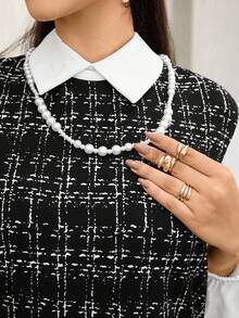 SHEIN LUNE 大码女装秋冬撞色袖衬衫领长袖休闲连衣裙感恩节服装节日派对连衣裙女士派对连衣裙圣诞连衣裙圣诞节服装女式冬季服装冬季连衣裙舒适女装新年服装优雅派对连衣裙亮片连衣裙格子连衣裙黑色连衣裙 - 黑與白 - 查看 7