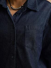 Easelle 女式复古游牧口袋短款牛仔衬衫 - 藍色 - 查看 6