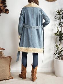 EMERY ROSE Women's Fashionable Fuzzy Patchwork Denim Jacket, Autumn/Winter - Blue - View 2