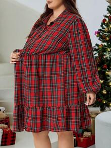 SHEIN CURVE+ Plus Size Plaid Shirt Dress, Red Christmas Holiday A-Line Loose Skirt Plus Size Christmas Red Plaid Dress Plus Size - Red - View 3