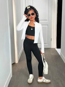 SHEIN 青少年女孩黑色立领拉链针织运动服套装（含紧身裤）、运动套装、运动休闲套装、慢跑套装 - 黑與白 - 查看 4