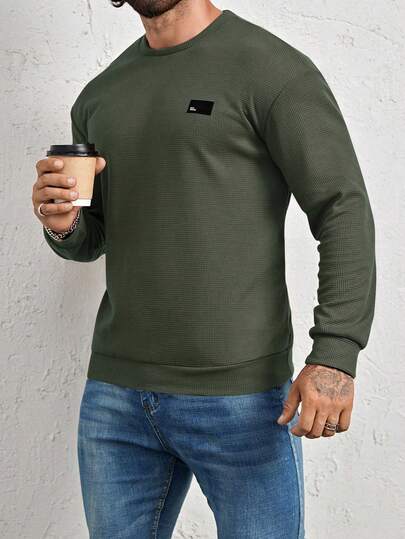 Manfinity Homme Men Loose Fit Letter Patched Detail Crew Neck Sweatshirt, Fall, Long Sleeve Top
