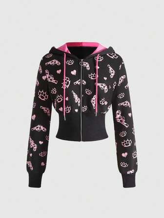 J-Fashion Halloween Y2K Baddie Skeleton Gun Print Contrast Color Fitted Women Sweatshirt