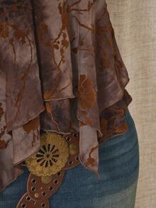 SHEIN ICON 女士加大码性感度假复古波西米亚风植物系列田园风棕色网纱花朵植绒拼接蕾丝V领串珠不对称下摆吊带背心 - 彩色 - 查看 14