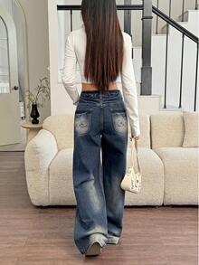 SHEIN EZwear Quần jeans ống đứng thêu họa tiết cổ điển lấy cảm hứng từ châu Á dành cho nữ - Rửa tối - Xem 7